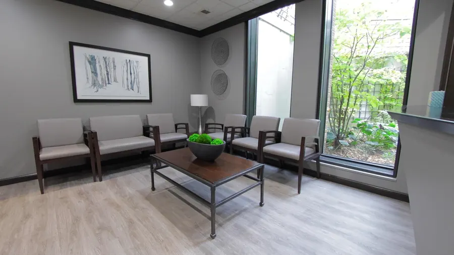The waiting room at Northbrook Dental Group, with a window onto the garden.
