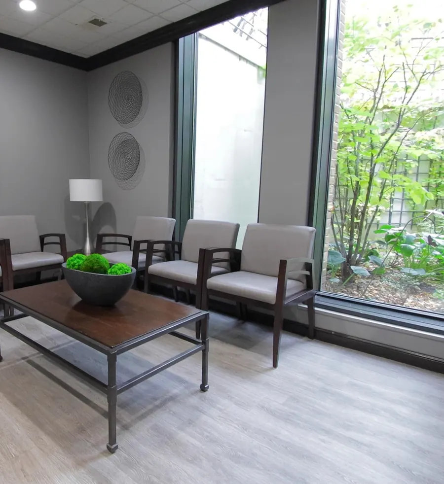 The waiting room at Northbrook Dental Group, with its tall garden window.